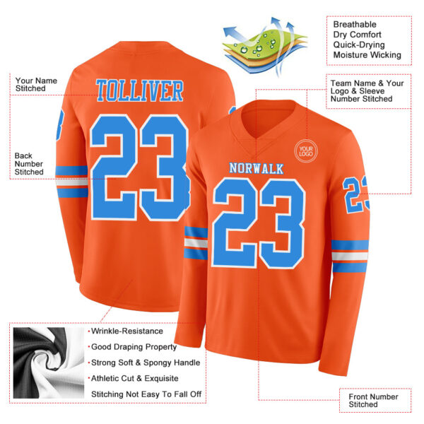 Custom Orange Powder Blue-White Long Sleeve Authentic Football Jersey