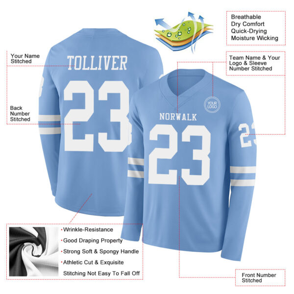 Custom Light Blue White Long Sleeve Authentic Football Jersey