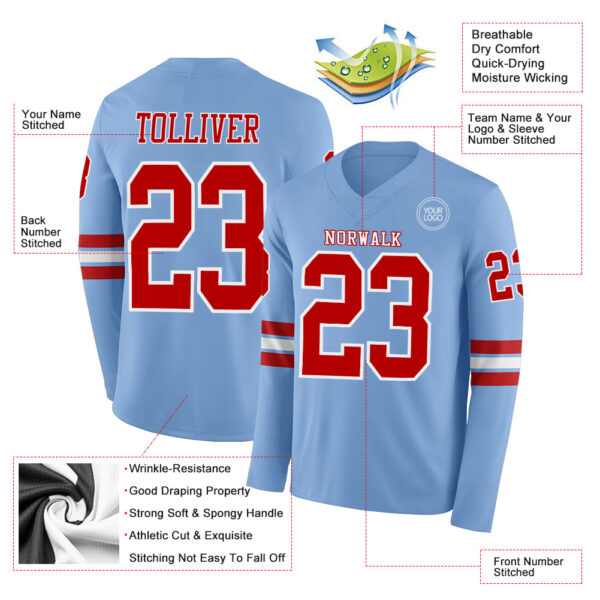 Custom Light Blue Red-White Long Sleeve Authentic Football Jersey