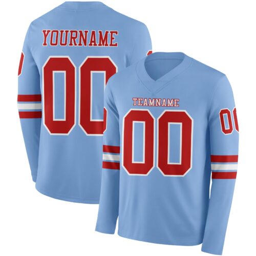 LongSleeve0708 Custom Light Blue Red-White Long Sleeve Authentic Football Jersey