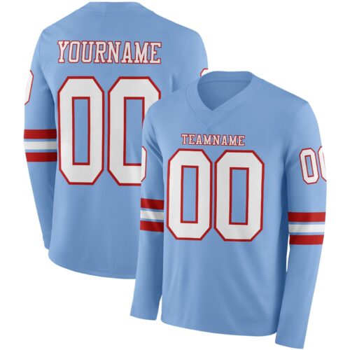 LongSleeve0709 Custom Light Blue White-Red Long Sleeve Authentic Football Jersey