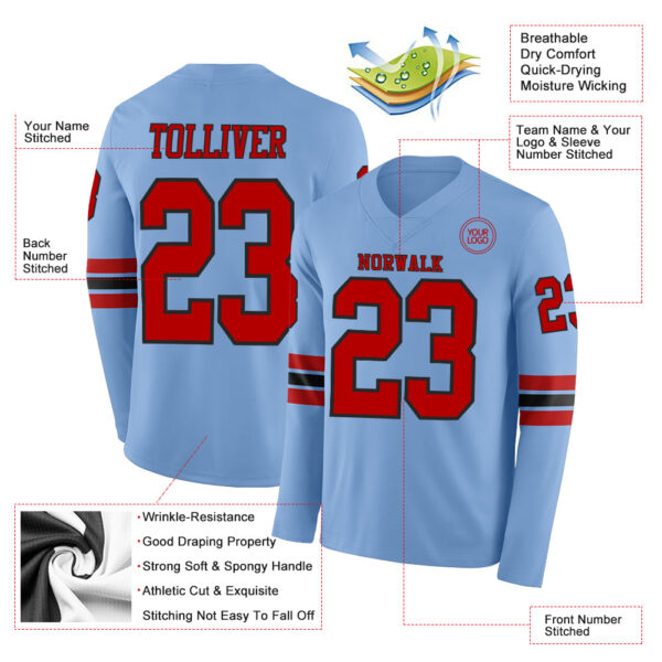 Custom Light Blue Red-Black Long Sleeve Authentic Football Jersey