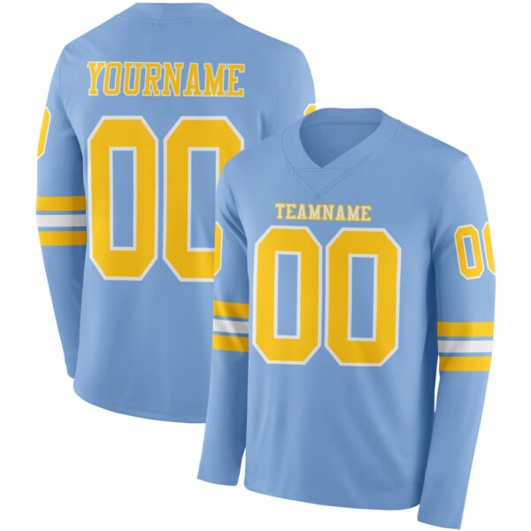 Custom Light Blue Yellow-White Long Sleeve Authentic Football Jersey