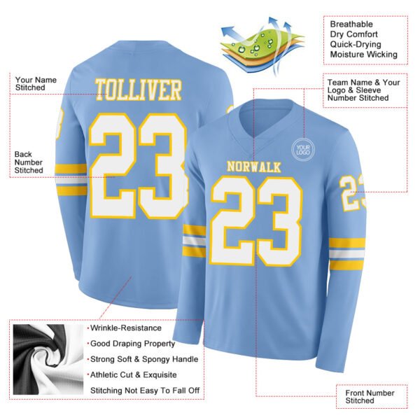 Custom Light Blue White-Yellow Long Sleeve Authentic Football Jersey
