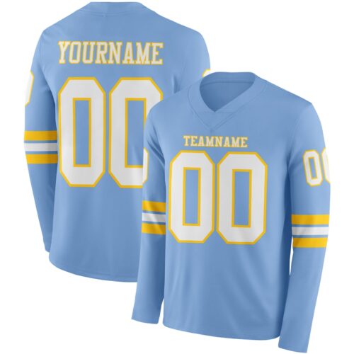 Custom Light Blue White-Yellow Long Sleeve Authentic Football Jersey