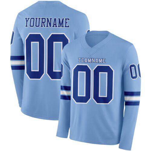 Custom Light Blue Royal-White Long Sleeve Authentic Football Jersey