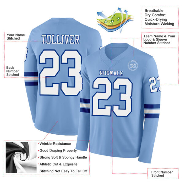 Custom Light Blue White-Royal Long Sleeve Authentic Football Jersey