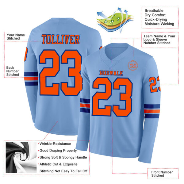 Custom Light Blue Orange-Royal Long Sleeve Authentic Football Jersey