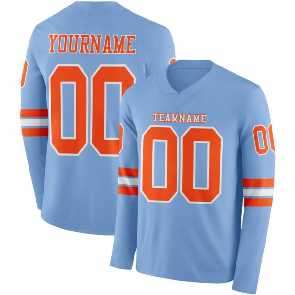 Custom Light Blue Orange-White Long Sleeve Authentic Football Jersey
