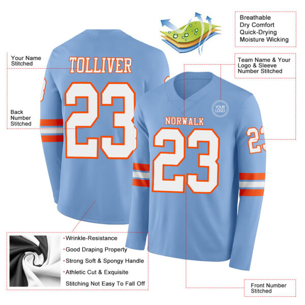 Custom Light Blue White-Orange Long Sleeve Authentic Football Jersey