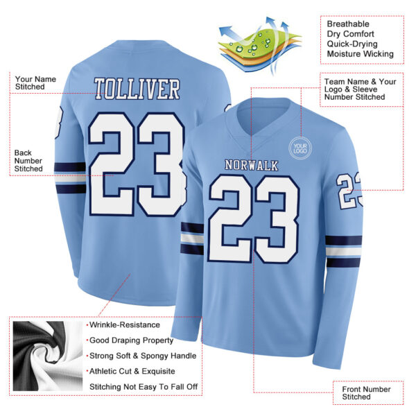 Custom Light Blue White-Navy Long Sleeve Authentic Football Jersey