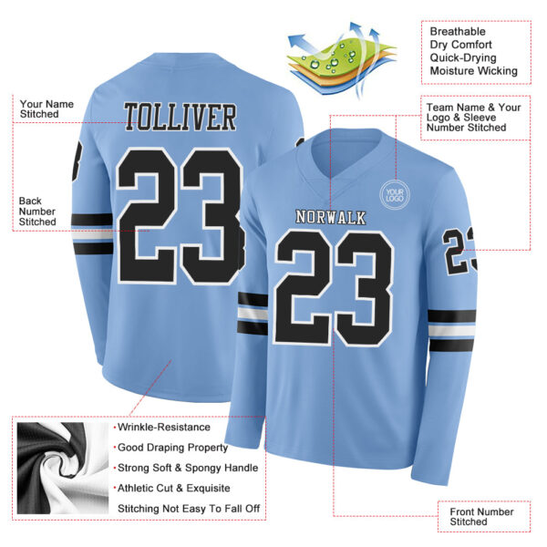 Custom Light Blue Black-White Long Sleeve Authentic Football Jersey