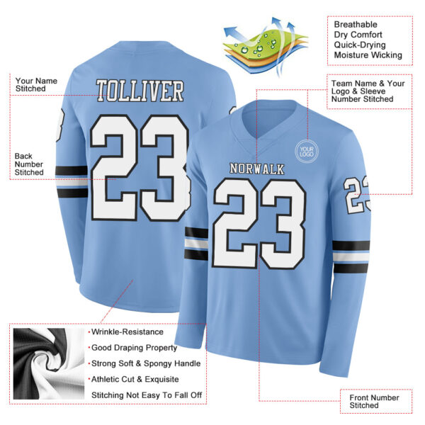 Custom Light Blue White-Black Long Sleeve Authentic Football Jersey