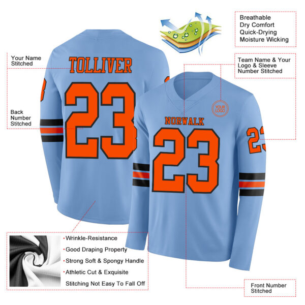 Custom Light Blue Orange-Black Long Sleeve Authentic Football Jersey