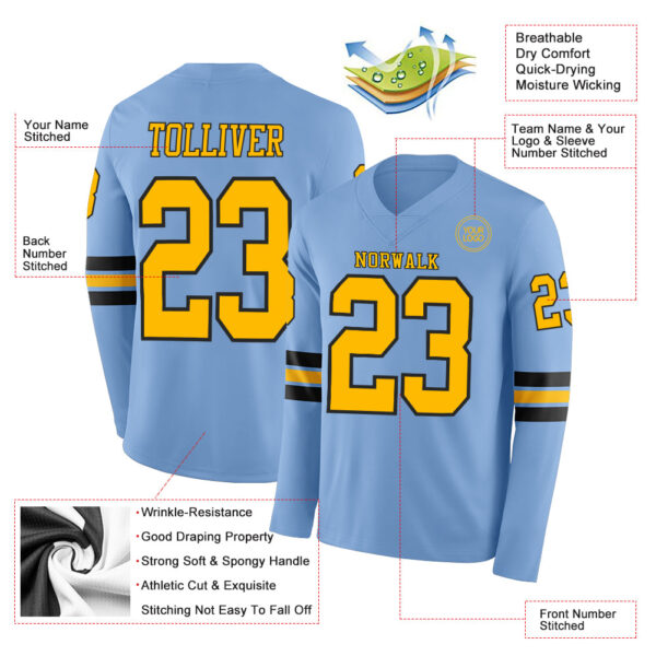 Custom Light Blue Gold-Black Long Sleeve Authentic Football Jersey