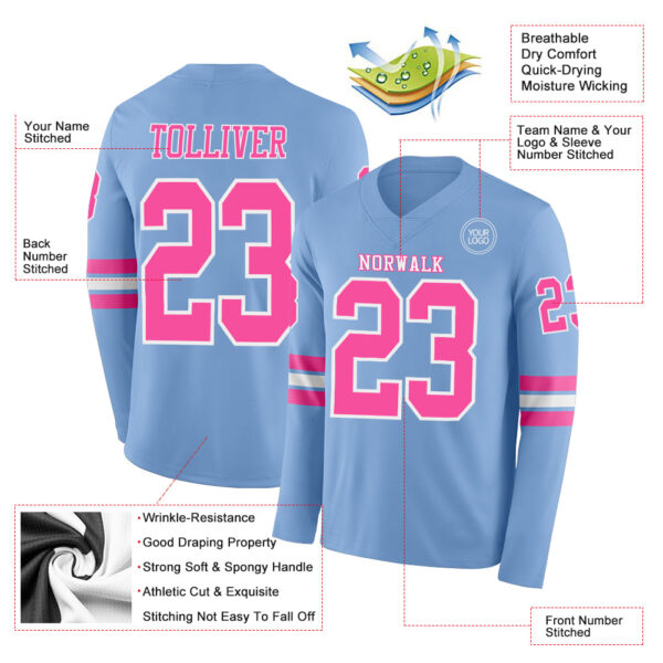 Custom Light Blue Pink-White Long Sleeve Authentic Football Jersey