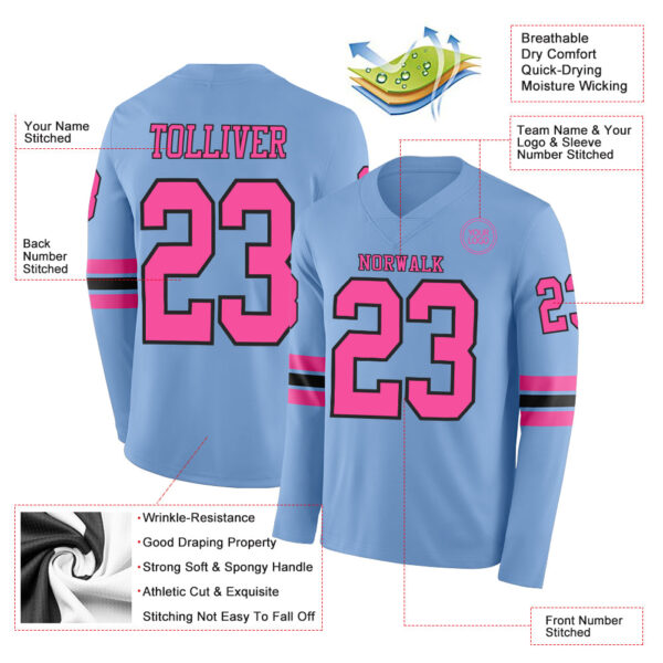 Custom Light Blue Pink-Black Long Sleeve Authentic Football Jersey