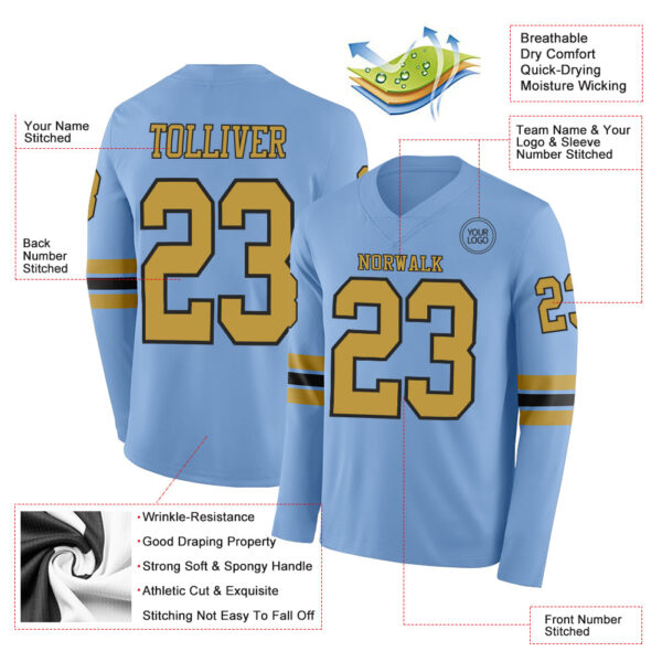 Custom Light Blue Old Gold-Black Long Sleeve Authentic Football Jersey