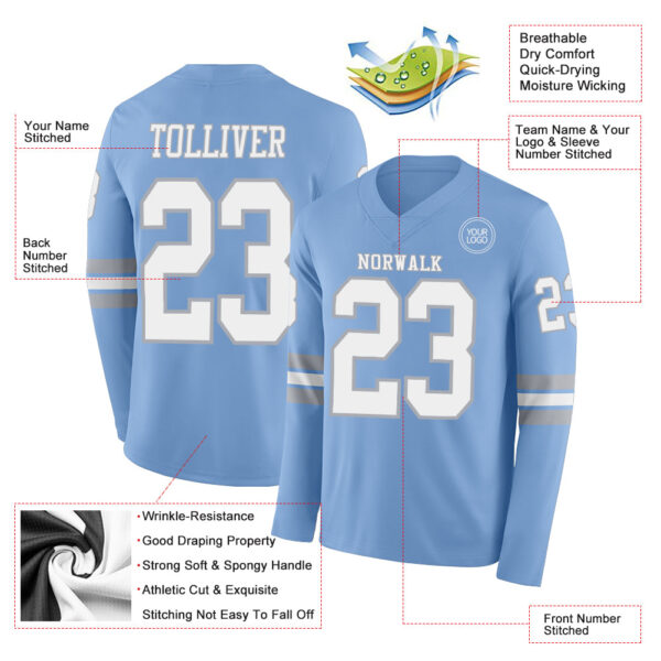 Custom Light Blue White-Gray Long Sleeve Authentic Football Jersey