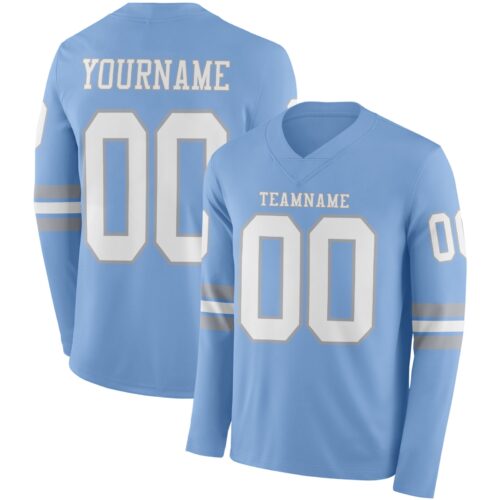 Custom Light Blue White-Gray Long Sleeve Authentic Football Jersey