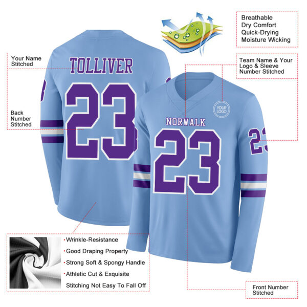 Custom Light Blue Purple-White Long Sleeve Authentic Football Jersey
