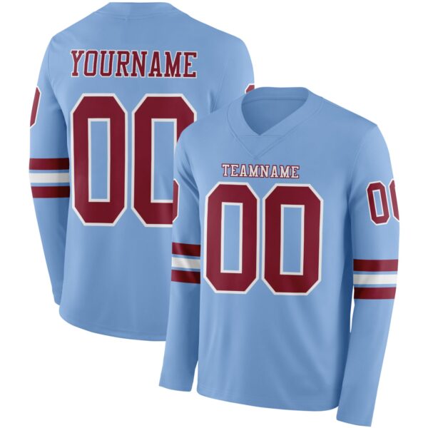 Custom Light Blue Crimson-White Long Sleeve Authentic Football Jersey