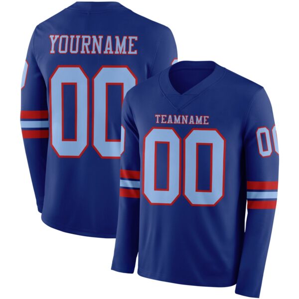 Custom Royal Light Blue-Red Long Sleeve Authentic Football Jersey