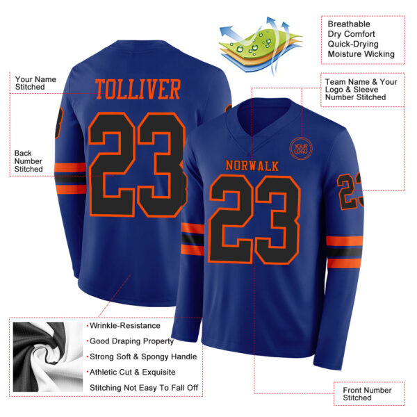 Custom Royal Black-Orange Long Sleeve Authentic Football Jersey