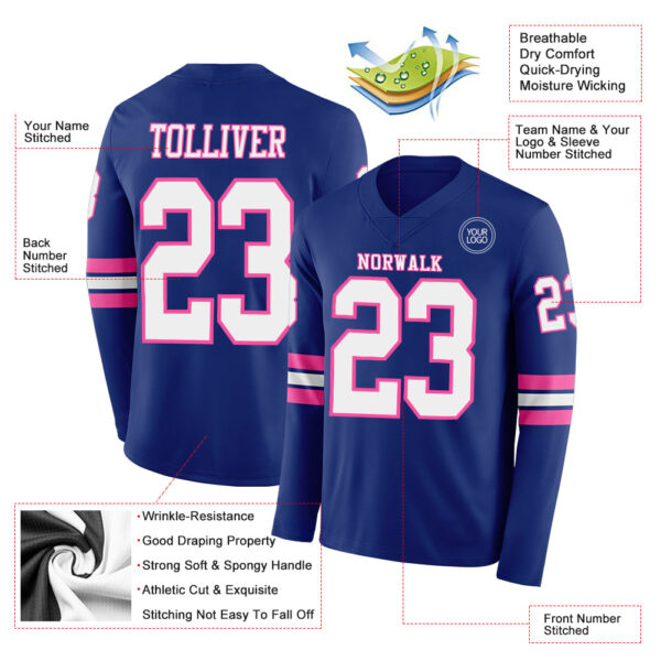 Custom Royal White-Pink Long Sleeve Authentic Football Jersey