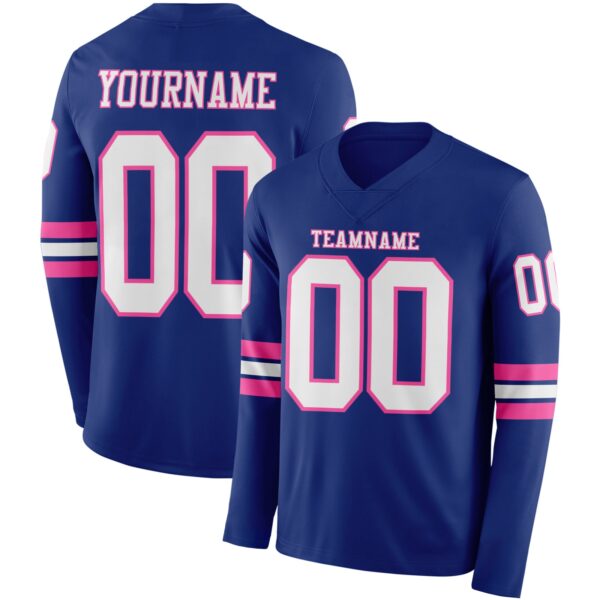 Custom Royal White-Pink Long Sleeve Authentic Football Jersey