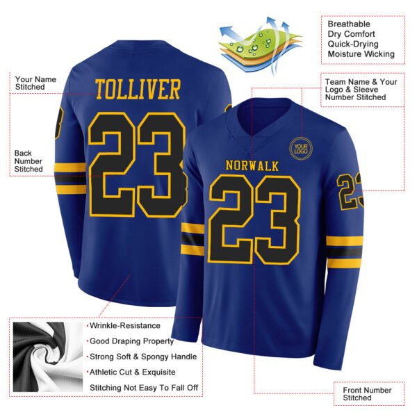 Custom Royal Black-Gold Long Sleeve Authentic Football Jersey