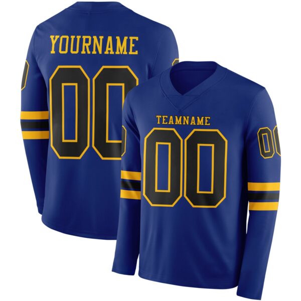 Custom Royal Black-Gold Long Sleeve Authentic Football Jersey