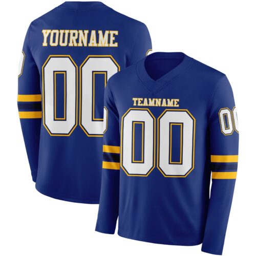 Custom Royal White Navy-Gold Long Sleeve Authentic Football Jersey