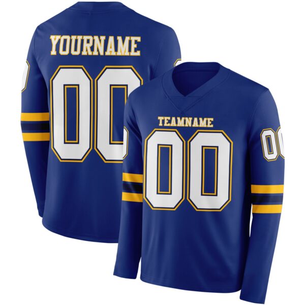 Custom Royal White Navy-Gold Long Sleeve Authentic Football Jersey