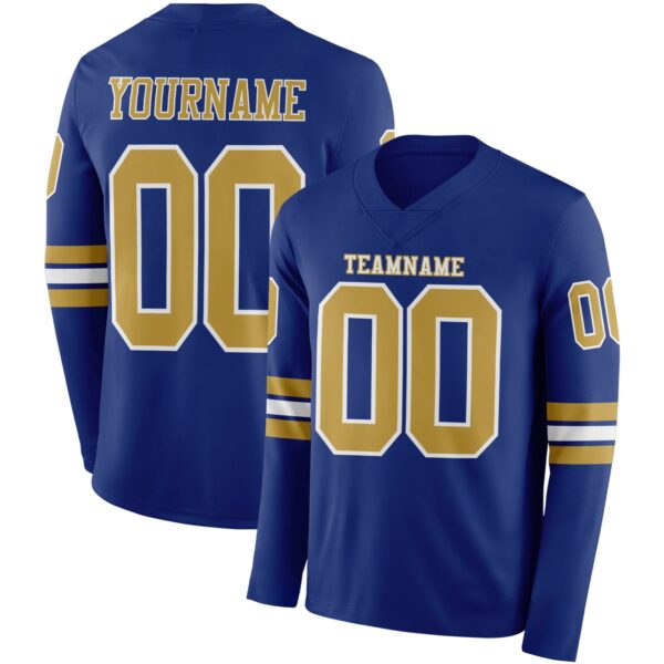 Custom Royal Old Gold-White Long Sleeve Authentic Football Jersey