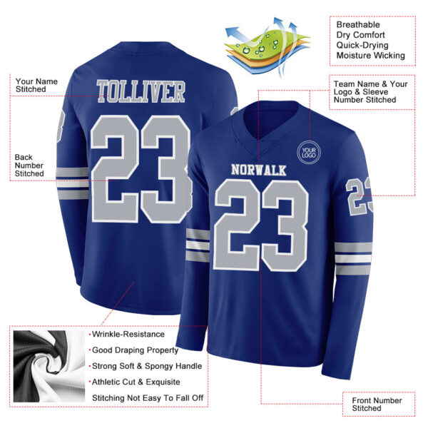 Custom Royal Gray-White Long Sleeve Authentic Football Jersey