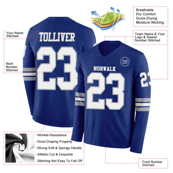 Custom Royal White-Gray Long Sleeve Authentic Football Jersey