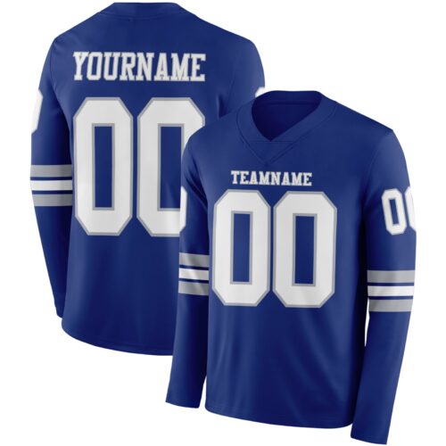 Custom Royal White-Gray Long Sleeve Authentic Football Jersey