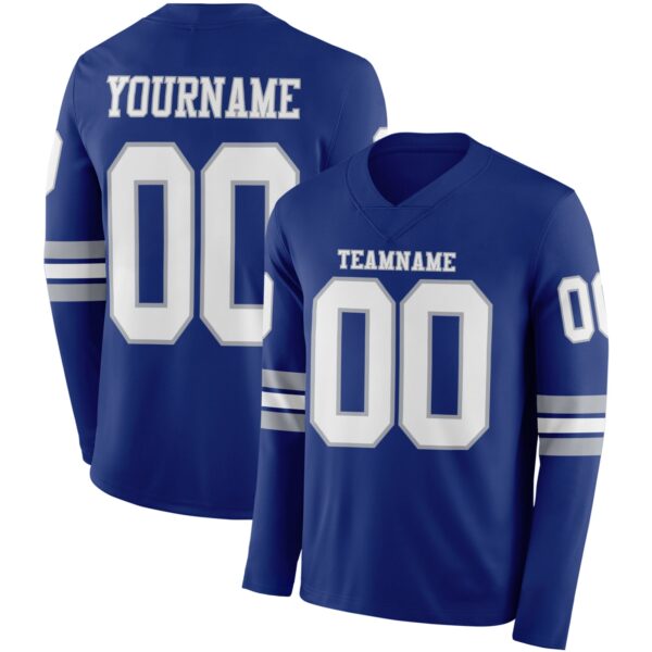 Custom Royal White-Gray Long Sleeve Authentic Football Jersey