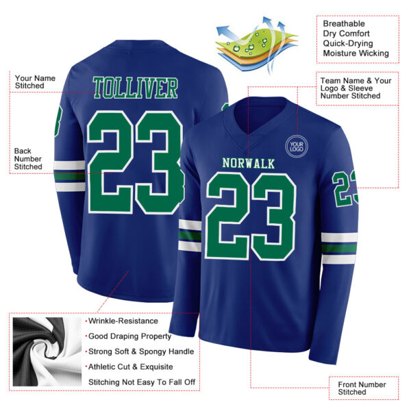 Custom Royal Kelly Green-White Long Sleeve Authentic Football Jersey
