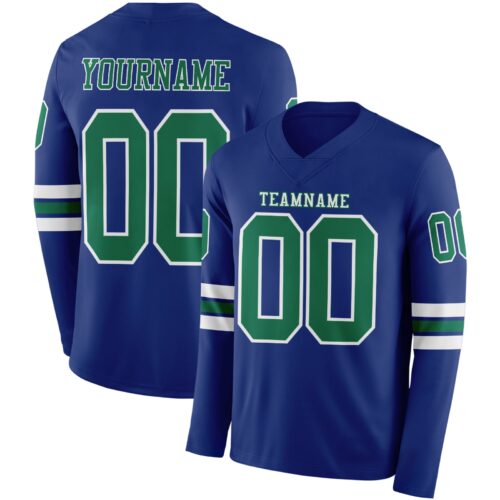 Custom Royal Kelly Green-White Long Sleeve Authentic Football Jersey