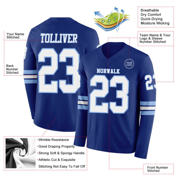Custom Royal White-Light Blue Long Sleeve Authentic Football Jersey