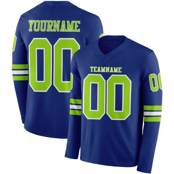 Custom Royal Neon Green-White Long Sleeve Authentic Football Jersey