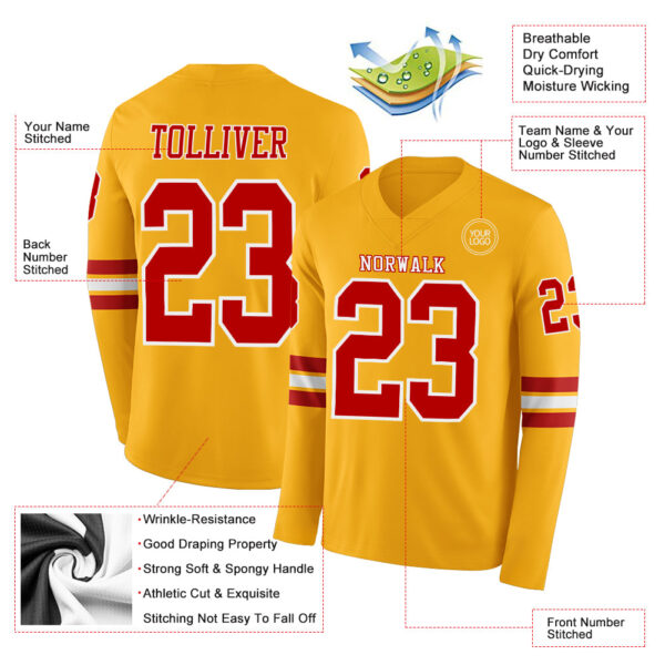 Custom Gold Red-White Long Sleeve Authentic Football Jersey