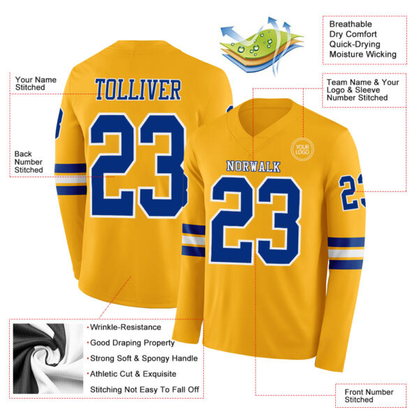 Custom Gold Royal-White Long Sleeve Authentic Football Jersey