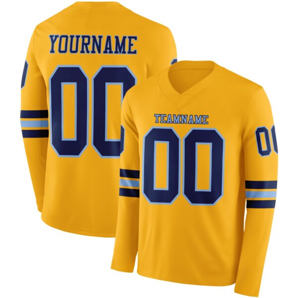 Custom Gold Navy-Light Blue Long Sleeve Authentic Football Jersey