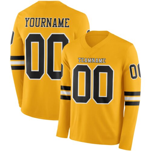 Custom Gold Black-White Long Sleeve Authentic Football Jersey