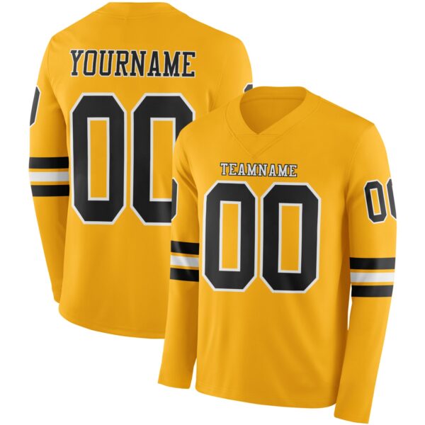 Custom Gold Black-White Long Sleeve Authentic Football Jersey