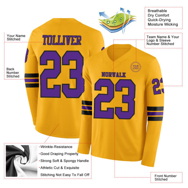 Custom Gold Purple-Black Long Sleeve Authentic Football Jersey