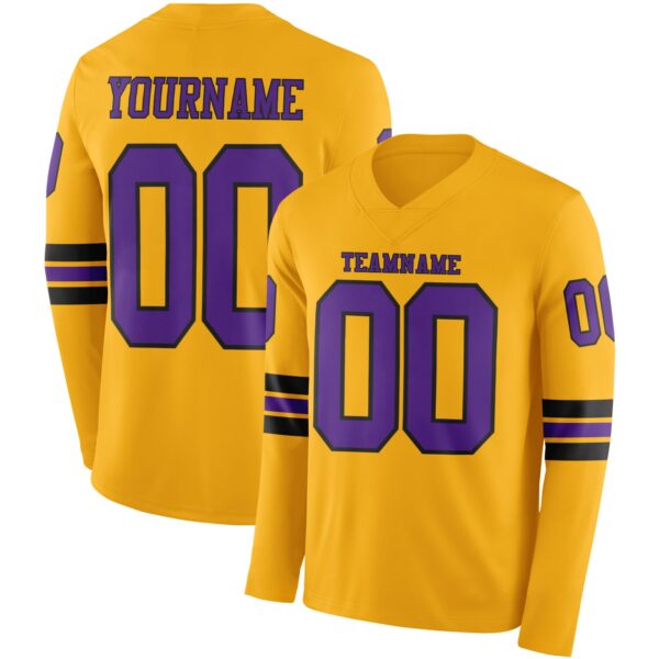 Custom Gold Purple-Black Long Sleeve Authentic Football Jersey